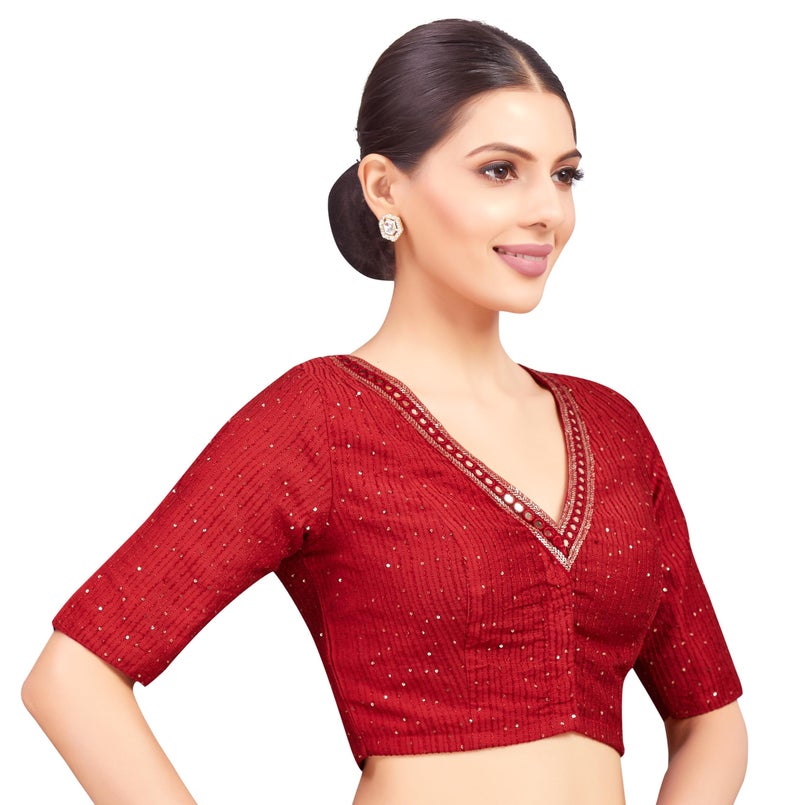 Studio Shringaar Women's Readymade Polyester Elbow Length Sleeves Saree Blouse with Mirror Work (Maroon, 46) - Image 4