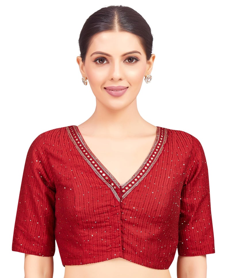 Studio Shringaar Women's Readymade Polyester Elbow Length Sleeves Saree Blouse with Mirror Work (Maroon, 46) - Image 1