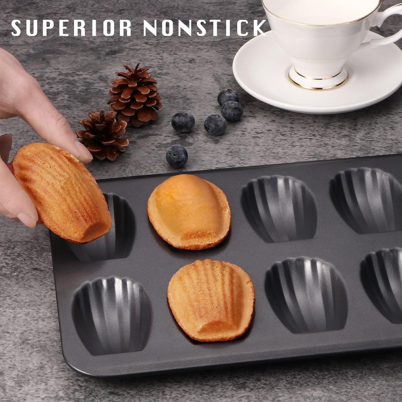 HONGBAKE صينية خبز ماندلين غير لاصقة من هونغبايك ( Nonstick Madeleine Pan)، عبوة تحتوي على 2 صينيات، كل صينية تحتوي على 12 فتحة، مصممة لخبز الكوكيز من نوع ماندلين في الفرن، مقاومة للتشوه، بشكل قوسي، لون ذهبي شامبانيا (Champagne Gold). - Image 2