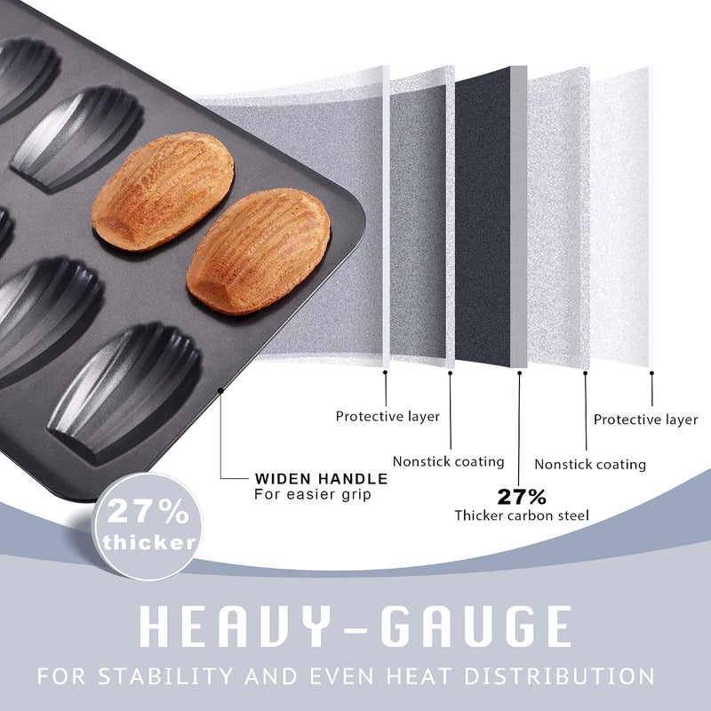 HONGBAKE صينية خبز ماندلين غير لاصقة من هونغبايك ( Nonstick Madeleine Pan)، عبوة تحتوي على 2 صينيات، كل صينية تحتوي على 12 فتحة، مصممة لخبز الكوكيز من نوع ماندلين في الفرن، مقاومة للتشوه، بشكل قوسي، لون ذهبي شامبانيا (Champagne Gold). - Image 5