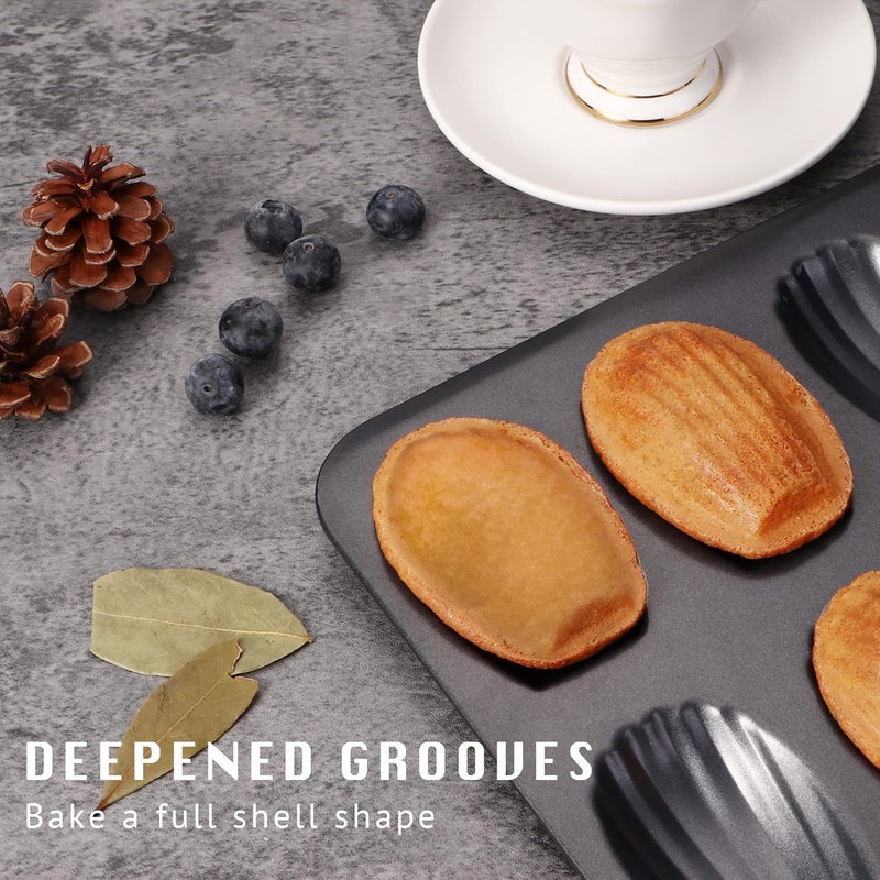 HONGBAKE صينية خبز ماندلين غير لاصقة من هونغبايك ( Nonstick Madeleine Pan)، عبوة تحتوي على 2 صينيات، كل صينية تحتوي على 12 فتحة، مصممة لخبز الكوكيز من نوع ماندلين في الفرن، مقاومة للتشوه، بشكل قوسي، لون ذهبي شامبانيا (Champagne Gold). - Image 3