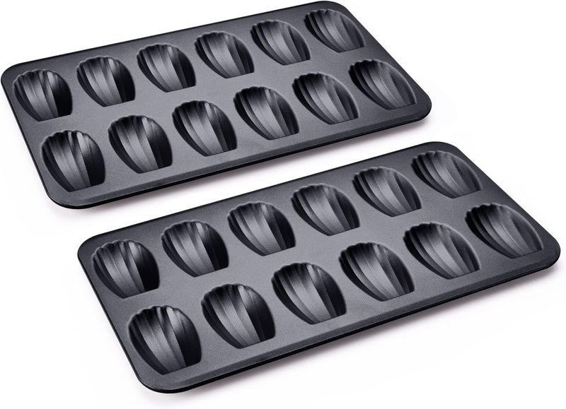 HONGBAKE صينية خبز ماندلين غير لاصقة من هونغبايك ( Nonstick Madeleine Pan)، عبوة تحتوي على 2 صينيات، كل صينية تحتوي على 12 فتحة، مصممة لخبز الكوكيز من نوع ماندلين في الفرن، مقاومة للتشوه، بشكل قوسي، لون ذهبي شامبانيا (Champagne Gold). - Image 1