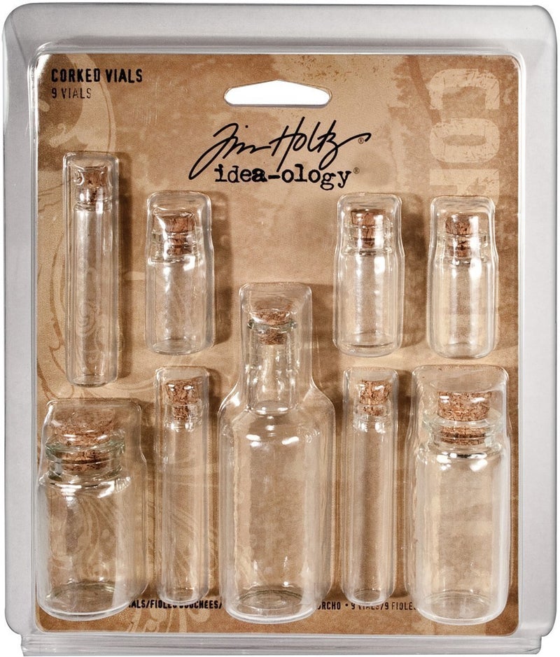 Tim Holtz Idea-ology Corked Vials by Tim Holtz Idea-ology, 9 Glass Bottles, Various Sizes, Clear, TH92899 - Image 1
