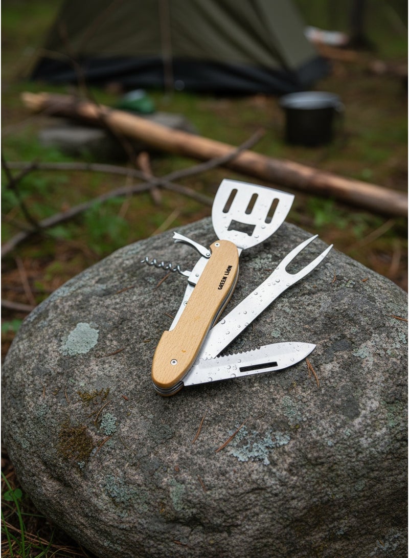جرين ليون مجموعة أدوات شواء متعددة الوظائف 5 في 1، تصميم قابل للطي موفر للمساحة، مثالية للتخييم والأنشطة الخارجية، تتضمن 5 أدوات في أداة واحدة (موالف الشواية، شوكة الشواء، فتاحة زجاجات، مفتاح فلين) بمقبض مريح، مصنوعة من الفولاذ المقاوم للصدأ، مقاومة للصدأ، سهلة التنظيف - خشبية - Image 4