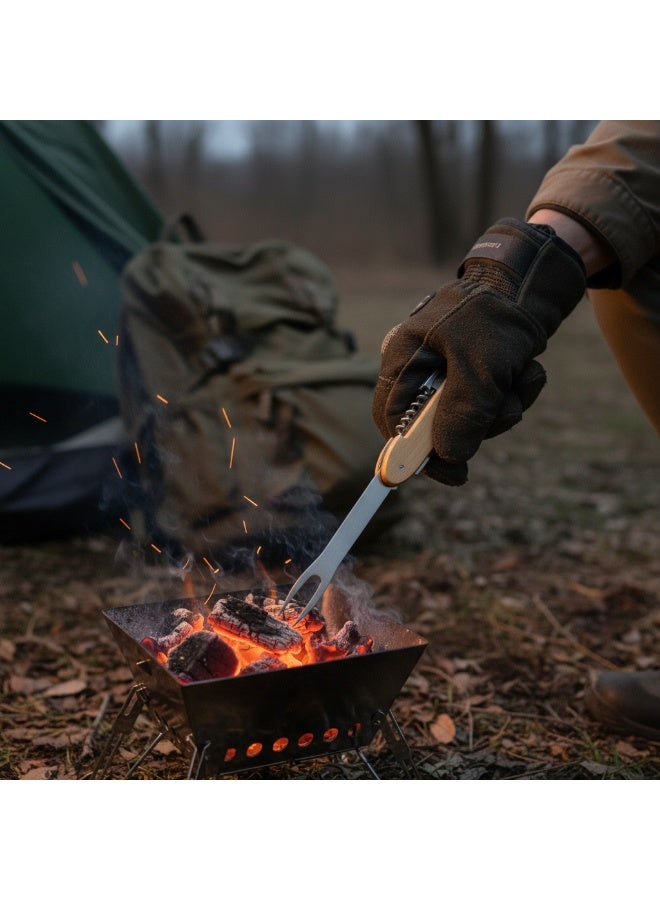 جرين ليون مجموعة أدوات شواء متعددة الوظائف 5 في 1، تصميم قابل للطي موفر للمساحة، مثالية للتخييم والأنشطة الخارجية، تتضمن 5 أدوات في أداة واحدة (موالف الشواية، شوكة الشواء، فتاحة زجاجات، مفتاح فلين) بمقبض مريح، مصنوعة من الفولاذ المقاوم للصدأ، مقاومة للصدأ، سهلة التنظيف - خشبية - Image 3