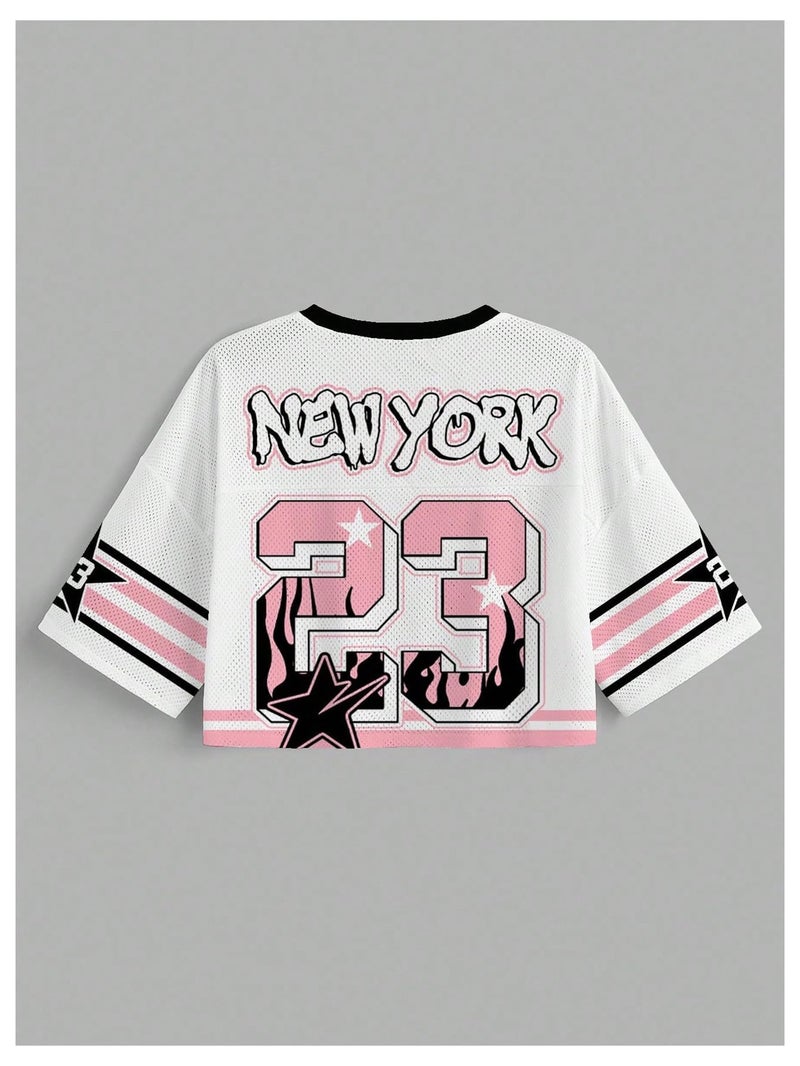 MakeMeChic Women's Football Jersey Shirts Y2K Number Crop Tops Soccer Jersey Tee Streetwear Crop Pink White Medium - Image 2