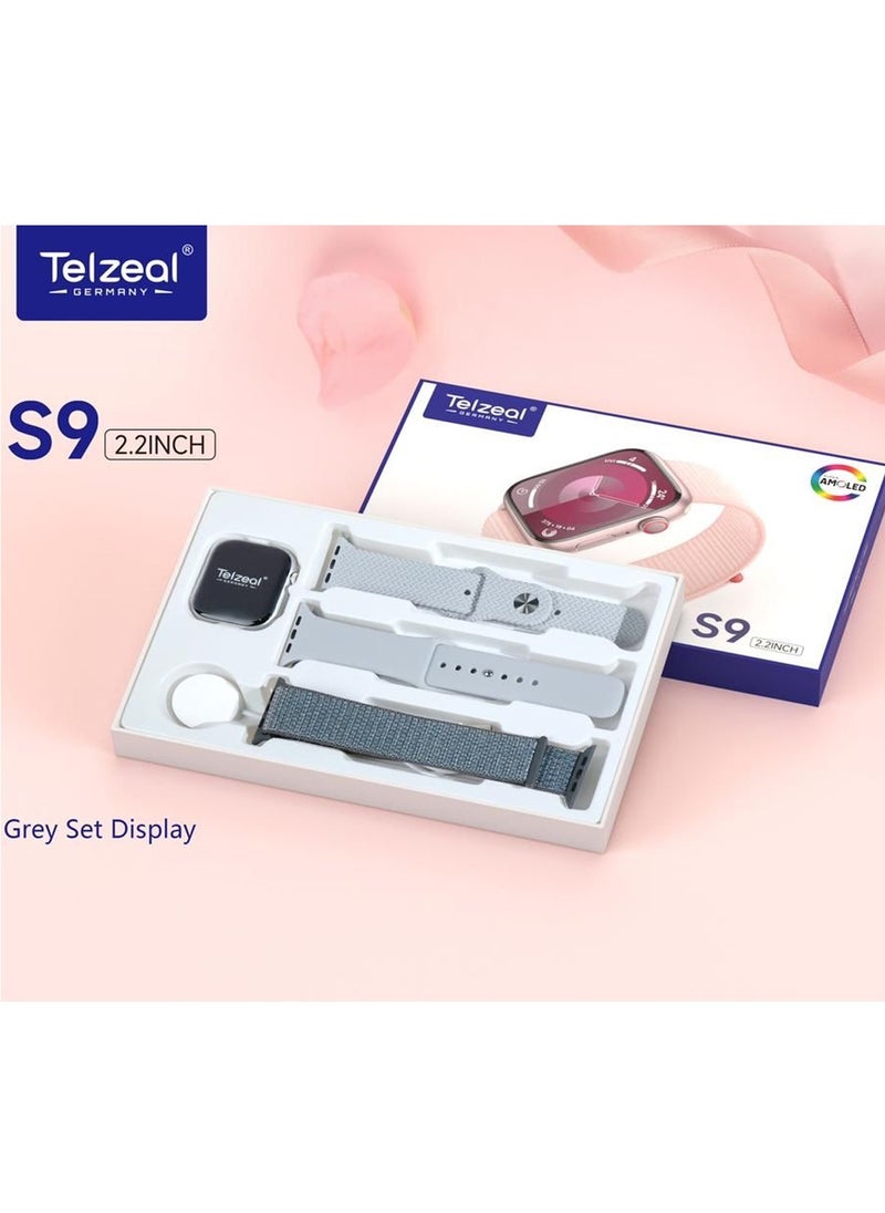 تلزيل - ساعة ذكية Telzeal S9 بشاشة AMOLED كاملة مقاس 2.2 بوصة مع 3 أزواج من الأشرطة وشاحن لاسلكي للسيدات والرجال فضي - Image 1
