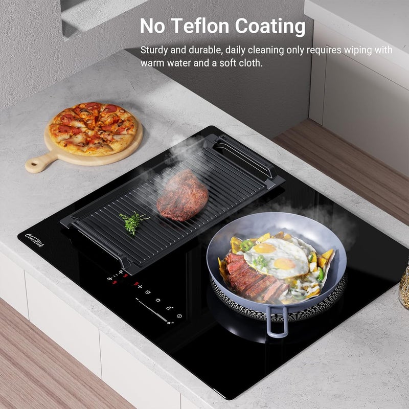 COVERCOOK مقلاة شواء مستطيلة من حديد زهر، 43 × 23 سم، أسود، مقبضان، غير لاصقة، آمنة للغسالة، مناسبة لموقد حثي وموقد غاز وفرن ونار المخيم - Image 2