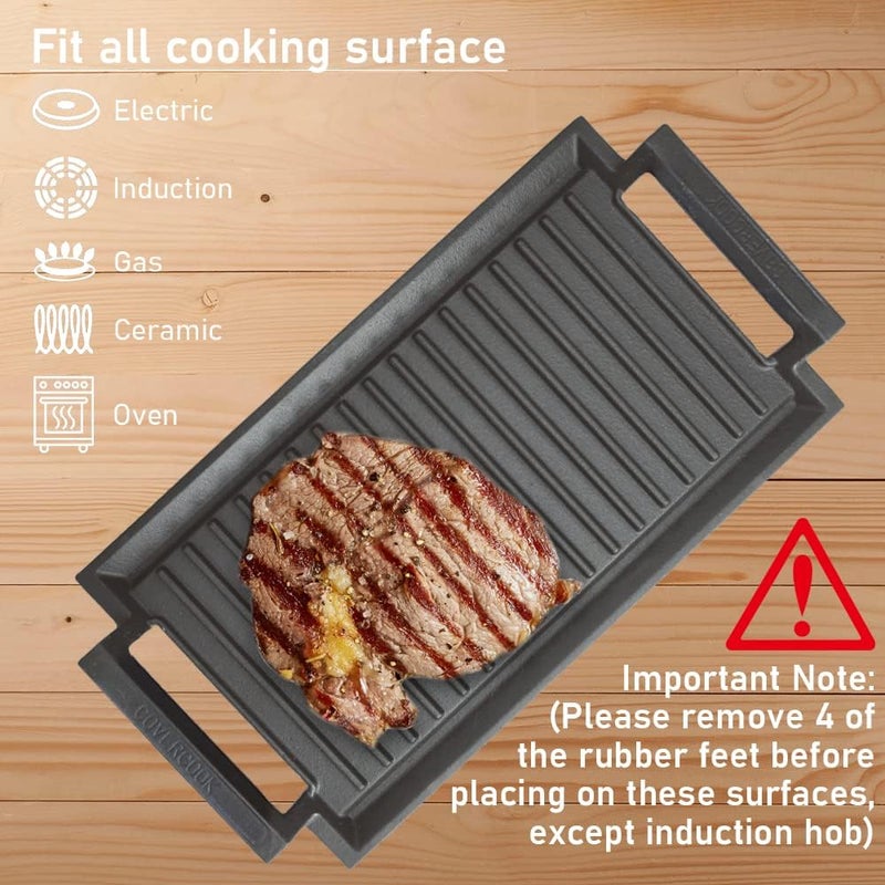 COVERCOOK مقلاة شواء مستطيلة من حديد زهر، 43 × 23 سم، أسود، مقبضان، غير لاصقة، آمنة للغسالة، مناسبة لموقد حثي وموقد غاز وفرن ونار المخيم - Image 5