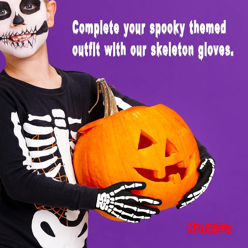 KANGAROO Skeleton Gloves - Skull Hands Gloves for Kids - Bone Reaper Ghost Halloween Apparel Accessories - White Printed Black Skeleton Gloves - Image 3