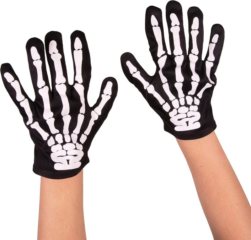 KANGAROO Skeleton Gloves - Skull Hands Gloves for Kids - Bone Reaper Ghost Halloween Apparel Accessories - White Printed Black Skeleton Gloves - Image 1