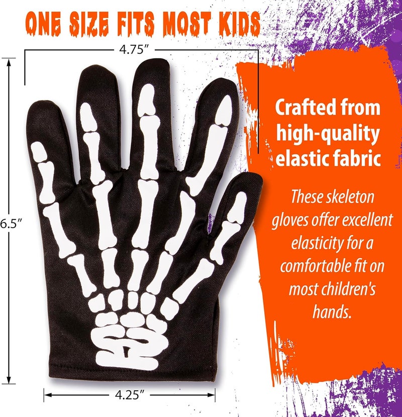 KANGAROO Skeleton Gloves - Skull Hands Gloves for Kids - Bone Reaper Ghost Halloween Apparel Accessories - White Printed Black Skeleton Gloves - Image 2