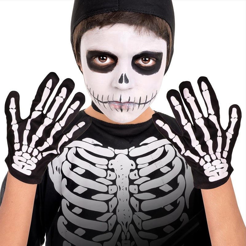 KANGAROO Skeleton Gloves - Skull Hands Gloves for Kids - Bone Reaper Ghost Halloween Apparel Accessories - White Printed Black Skeleton Gloves - Image 5