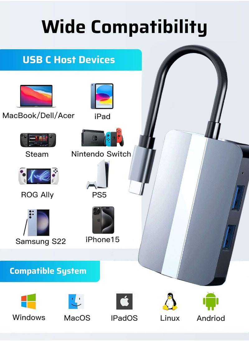 HANAMICHI - USB C Hub 5 in 1 USBC to 4K HDMI, 100W Power Supply, USB3.0, USB2.0, SD Card, TF Card Reader, 5Gbps/480MB Compatible with MacBook Pro Air M3 M2 M1 iPad Pro M4 iPhone 16 15 Pro Pro Max Lenovo Dell HP, Gray with Silver - Image 1