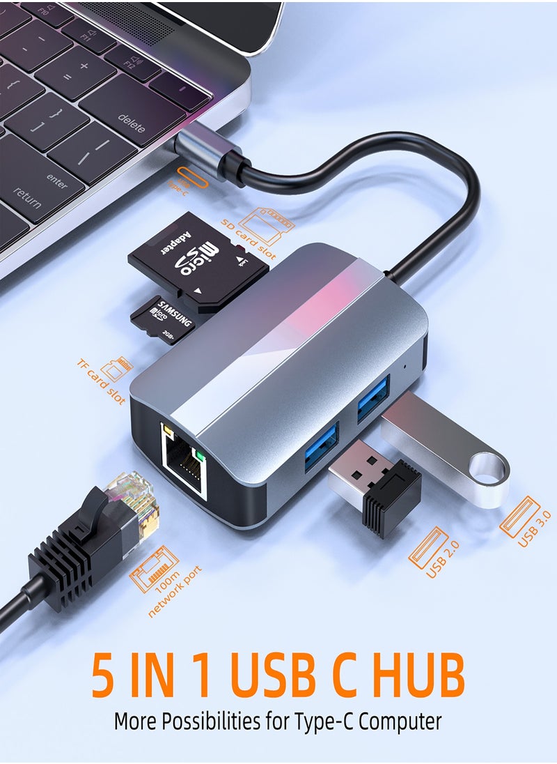 HANAMICHI - USB C Hub 5 in 1 USBC to 4K HDMI, 100W Power Supply, USB3.0, USB2.0, SD Card, TF Card Reader, 5Gbps/480MB Compatible with MacBook Pro Air M3 M2 M1 iPad Pro M4 iPhone 16 15 Pro Pro Max Lenovo Dell HP, Gray with Silver - Image 1
