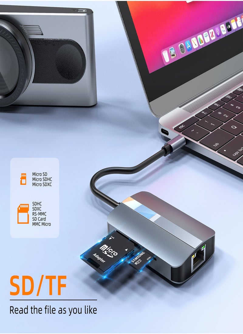 HANAMICHI - USB C Hub 5 in 1 USBC to 4K HDMI, 100W Power Supply, USB3.0, USB2.0, SD Card, TF Card Reader, 5Gbps/480MB Compatible with MacBook Pro Air M3 M2 M1 iPad Pro M4 iPhone 16 15 Pro Pro Max Lenovo Dell HP, Gray with Silver - Image 1
