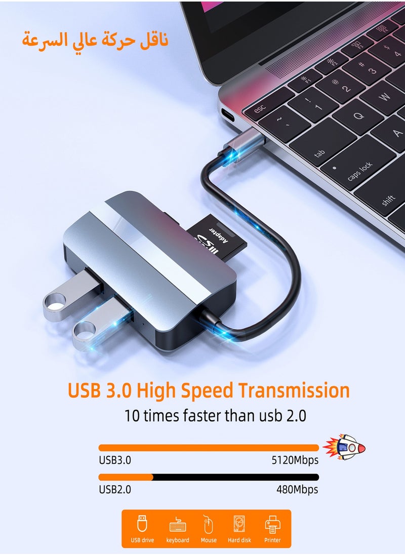 HANAMICHI - USB C Hub 5 in 1 USBC to 4K HDMI, 100W Power Supply, USB3.0, USB2.0, SD Card, TF Card Reader, 5Gbps/480MB Compatible with MacBook Pro Air M3 M2 M1 iPad Pro M4 iPhone 16 15 Pro Pro Max Lenovo Dell HP, Gray with Silver - Image 1