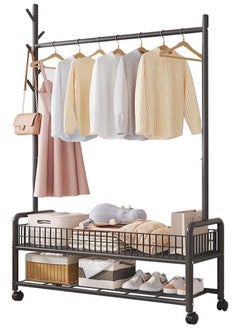 TOMSHOO Garment Rack,Heavy Duty Clothes Rack with 2 Tier Storage,Cloth Stand Storage Rack with Wheels and Hooks,Freestanding Metal Cloak Rack with Basket and shelf for Clothes,Hats Shoes 176×120×35cm (Black)  - Image 1