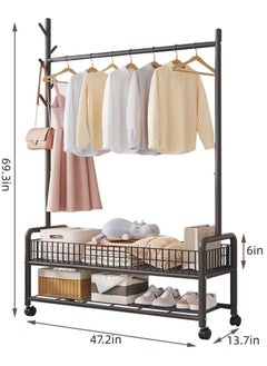 TOMSHOO Garment Rack,Heavy Duty Clothes Rack with 2 Tier Storage,Cloth Stand Storage Rack with Wheels and Hooks,Freestanding Metal Cloak Rack with Basket and shelf for Clothes,Hats Shoes 176×120×35cm (Black)  - Image 2