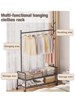 TOMSHOO Garment Rack,Heavy Duty Clothes Rack with 2 Tier Storage,Cloth Stand Storage Rack with Wheels and Hooks,Freestanding Metal Cloak Rack with Basket and shelf for Clothes,Hats Shoes 176×120×35cm (Black)  - Image 3