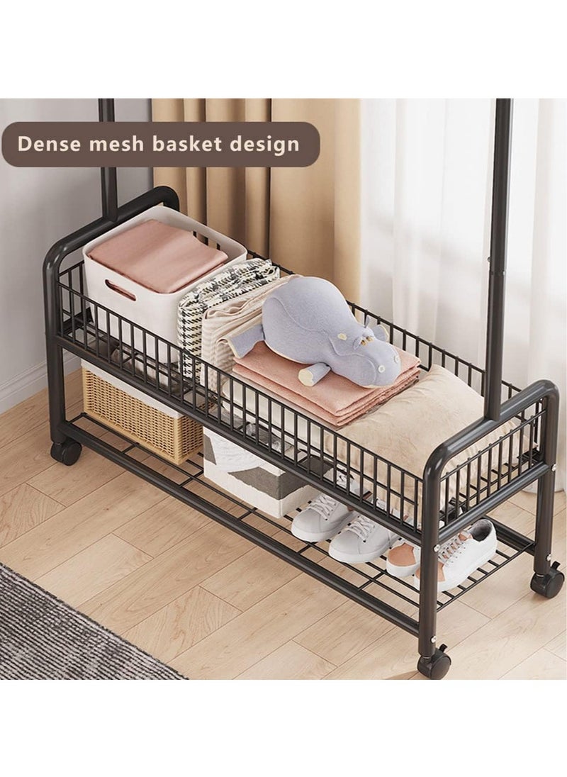 Garment Rack,Heavy Duty Clothes Rack with 2 Tier Storage,Cloth Stand Storage Rack with Wheels and Hooks,Freestanding Metal Cloak Rack with Basket and shelf for Clothes,Hats Shoes 176×120×35cm (Black)