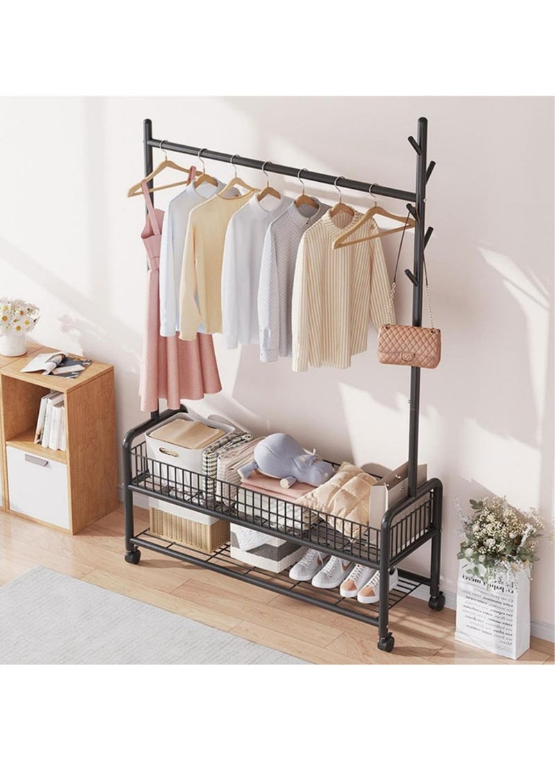 Garment Rack,Heavy Duty Clothes Rack with 2 Tier Storage,Cloth Stand Storage Rack with Wheels and Hooks,Freestanding Metal Cloak Rack with Basket and shelf for Clothes,Hats Shoes 176×120×35cm (Black)