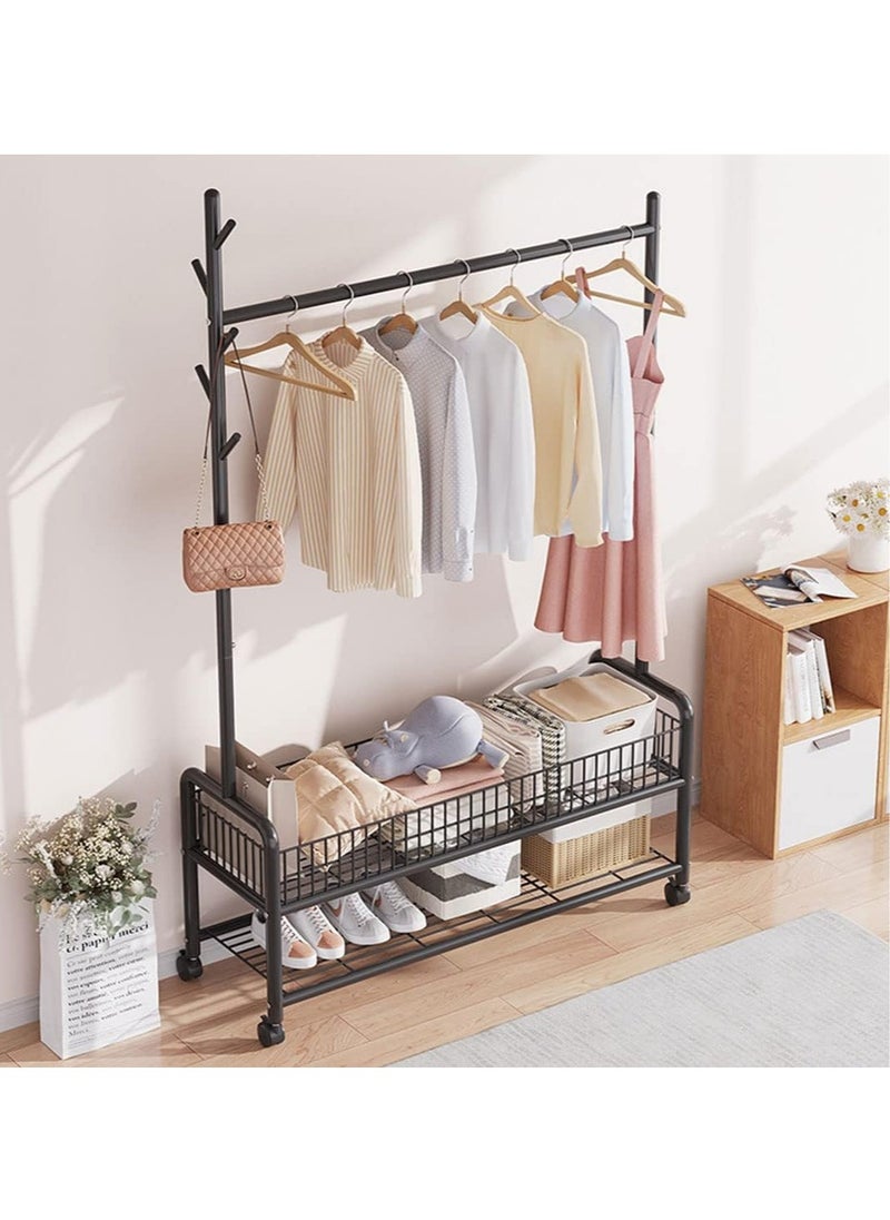 Garment Rack,Heavy Duty Clothes Rack with 2 Tier Storage,Cloth Stand Storage Rack with Wheels and Hooks,Freestanding Metal Cloak Rack with Basket and shelf for Clothes,Hats Shoes 176×120×35cm (Black)