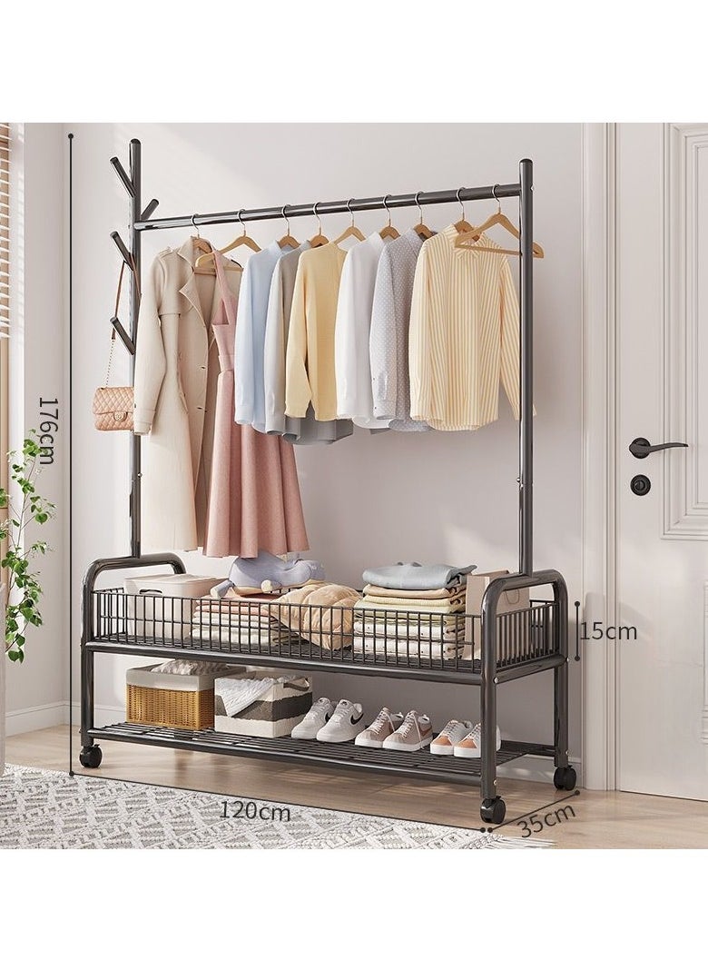 Garment Rack,Heavy Duty Clothes Rack with 2 Tier Storage,Cloth Stand Storage Rack with Wheels and Hooks,Freestanding Metal Cloak Rack with Basket and shelf for Clothes,Hats Shoes 176×120×35cm (Black)