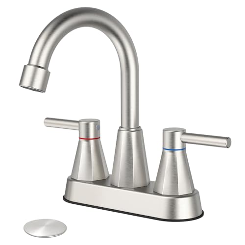 KHQF 4 inches Bathroom Faucet for 3 Hole2Handle Bathroom Sink Faucets with Pop Up Drain Brush Nickel - Image 1