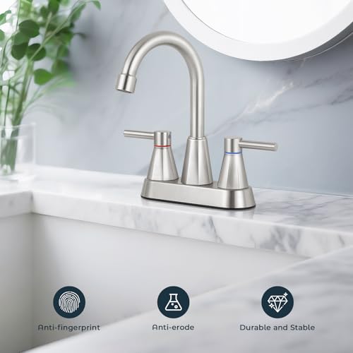 KHQF 4 inches Bathroom Faucet for 3 Hole2Handle Bathroom Sink Faucets with Pop Up Drain Brush Nickel - Image 3