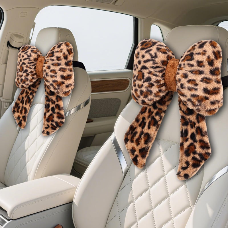 iHUFeather 2 Pack Bow Car Headrest Pillow Comfortable Soft Plush Head Rest Cushion, Neck Pillow for Driving Office Use and Car Interior Decoration (Leopard) - Image 1