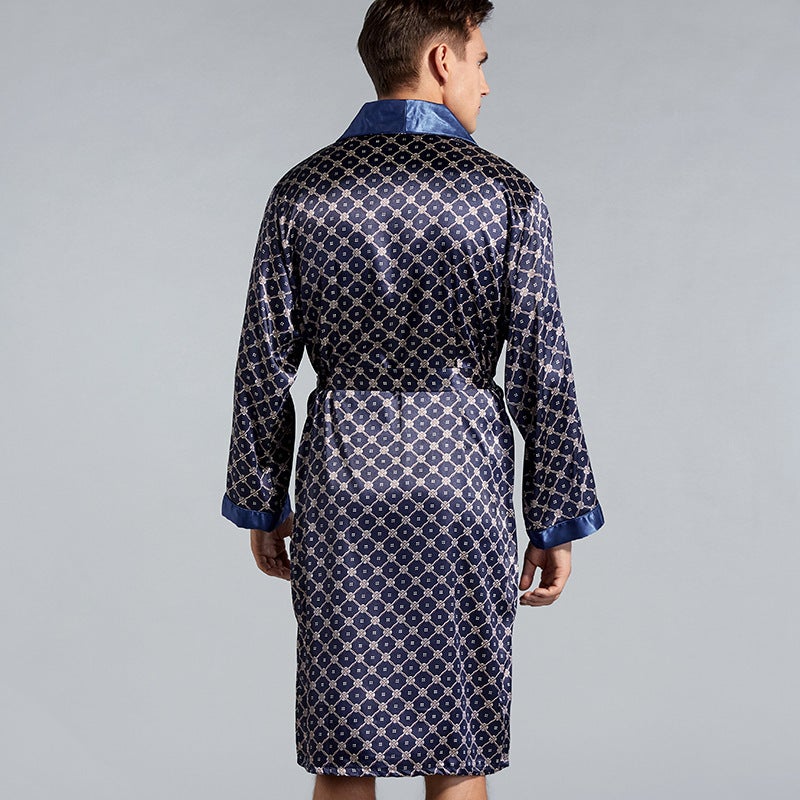 Men'S Single-Piece Silk Nightgown Summer Thin Imitation Silk Long-Sleeved Pajamas Plus Size Bathrobe P801 - Image 3