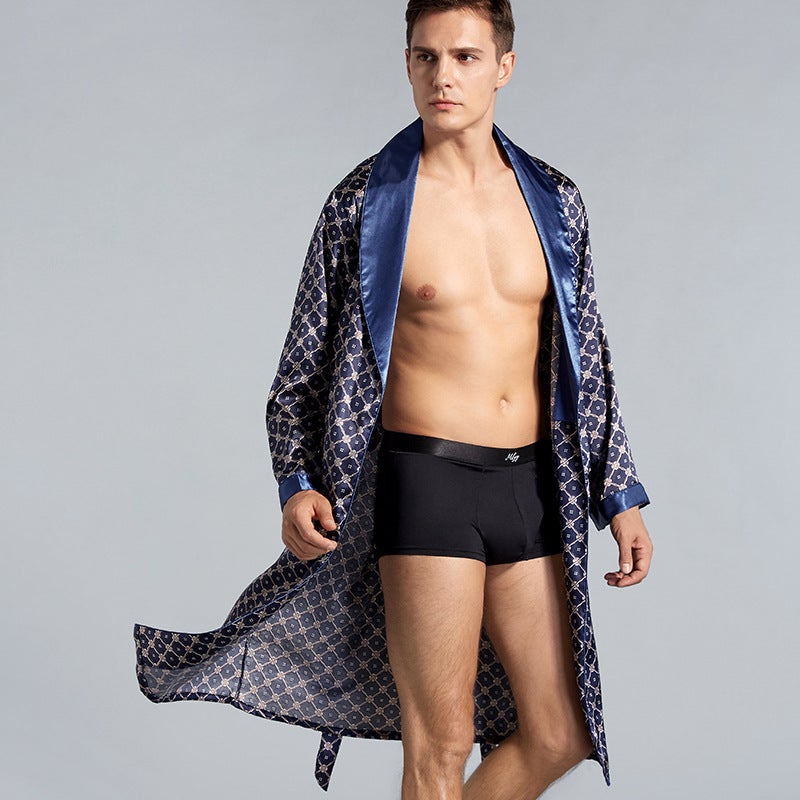 Men'S Single-Piece Silk Nightgown Summer Thin Imitation Silk Long-Sleeved Pajamas Plus Size Bathrobe P801 - Image 2