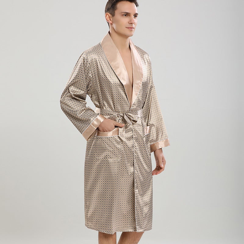 Men'S Single-Piece Silk Nightgown Summer Thin Imitation Silk Long-Sleeved Pajamas Plus Size Bathrobe P801 - Image 1