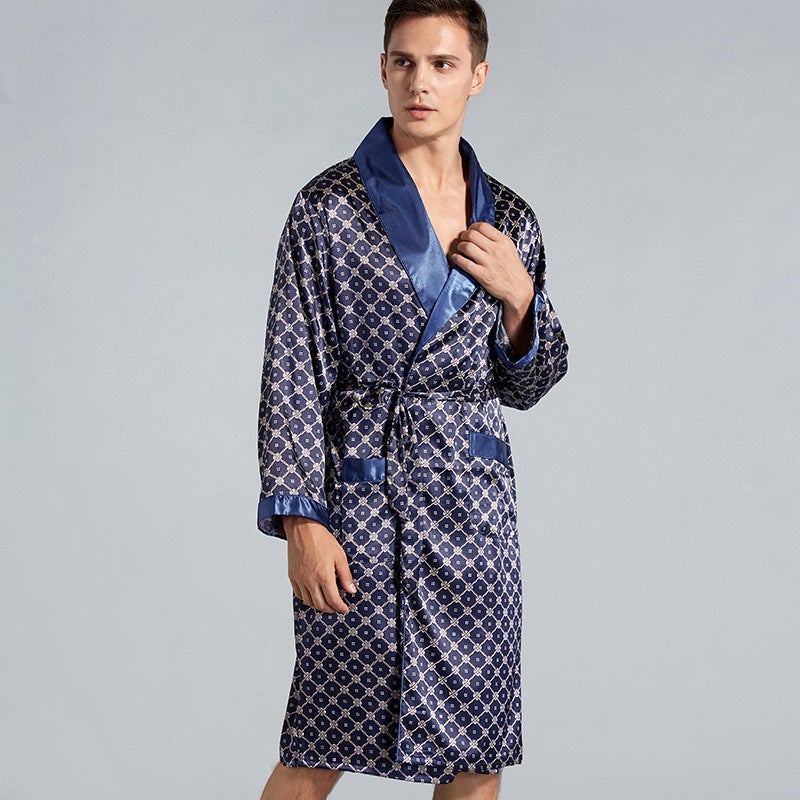 Men'S Single-Piece Silk Nightgown Summer Thin Imitation Silk Long-Sleeved Pajamas Plus Size Bathrobe P801 - Image 5