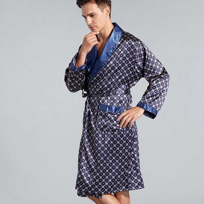 Men'S Single-Piece Silk Nightgown Summer Thin Imitation Silk Long-Sleeved Pajamas Plus Size Bathrobe P801 - Image 4
