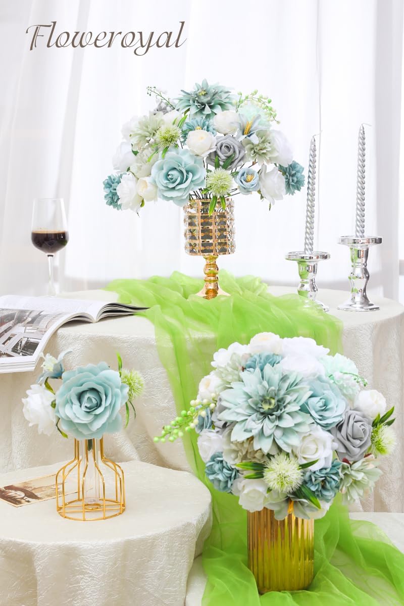 Floweroyal Artificial Flowers Combo Teal Blue Flowers Mix Silk Flowers Dahlia Roses with Stems for DIY Wedding Bridal Bouquets, Baby Shower, Floral Arrangement, Table Centerpieces, Home Decorations. - Image 4