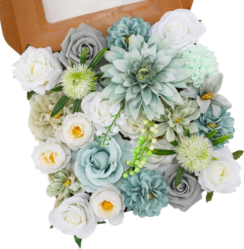 Floweroyal Artificial Flowers Combo Teal Blue Flowers Mix Silk Flowers Dahlia Roses with Stems for DIY Wedding Bridal Bouquets, Baby Shower, Floral Arrangement, Table Centerpieces, Home Decorations. - Image 1
