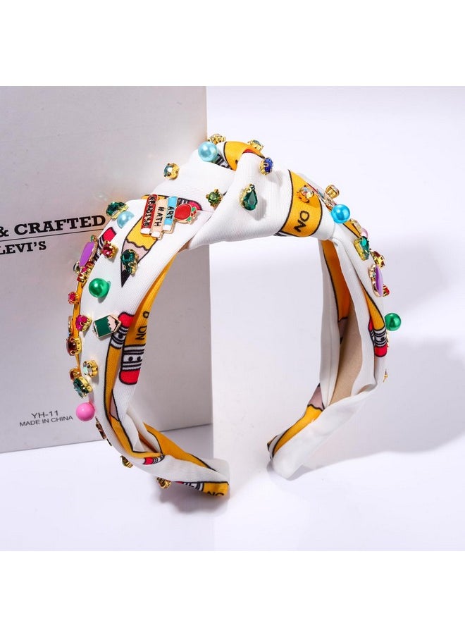 Boderier Teacher Headbands For Women Pearl Crystal Knotted Headband Pencil Apple Embellished Headband Back To School Hair Accessory Teacher Appreciation Gifts (Crystal Beaded Charms)  - Image 5