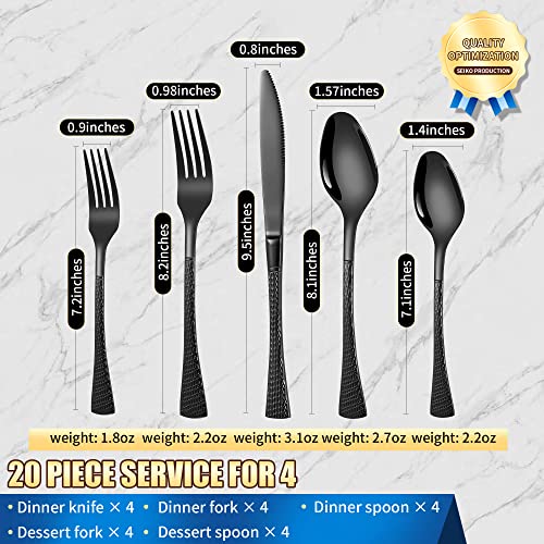 Lemeya Hammered Black Silverware Set,20 Piece Modern Flatware Set Service for 4,Mirror Polished Stainless Steel Cutlery Set Utensil Set Tableware Set,Kitchen Knives Forks Spoons Set,Dishwasher Safe - Image 2