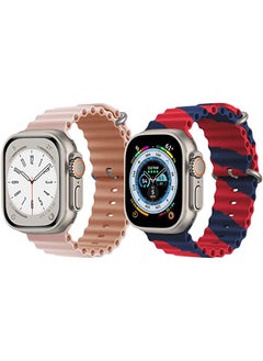 Silicone Ocean Band Strap for Apple Watch Ultra 8 49mm Pink/Beige Double Side Strap with Red/Blue Double Line Strap Set of 2