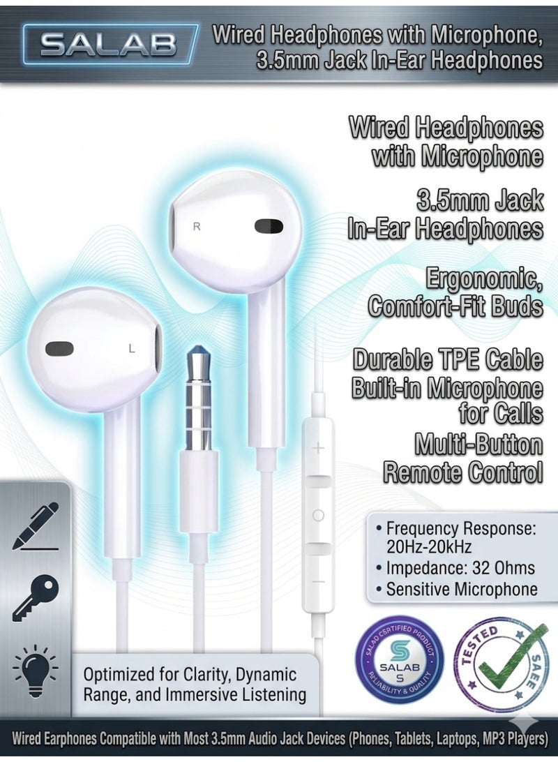 Salab Wired Headphones with Microphone, 3.5mm Jack In Ear Headphones with Microphone Compatible with Smartphones, Computers, Laptops, IPads, MP3 Players and Most 3.5mm Audio Devices - Image 1