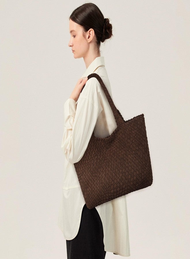 Queenoris Woven Bag for Women, Fashion Top Handle Shoulder Handbag Vegan Leather Shopper Purses Large Travel Tote Bag, Brown-suede - Image 2