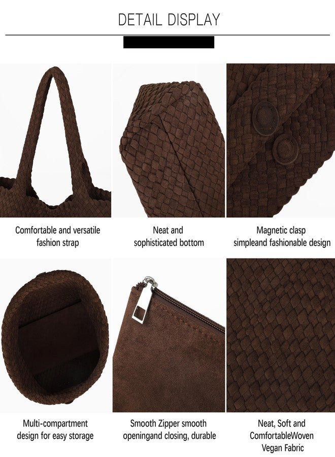 Queenoris Woven Bag for Women, Fashion Top Handle Shoulder Handbag Vegan Leather Shopper Purses Large Travel Tote Bag, Brown-suede - Image 5