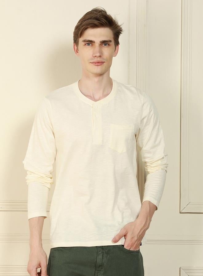 Dennis Lingo Regular Fit Offwhite Cotton Henley Neck T-Shirt  - Image 3