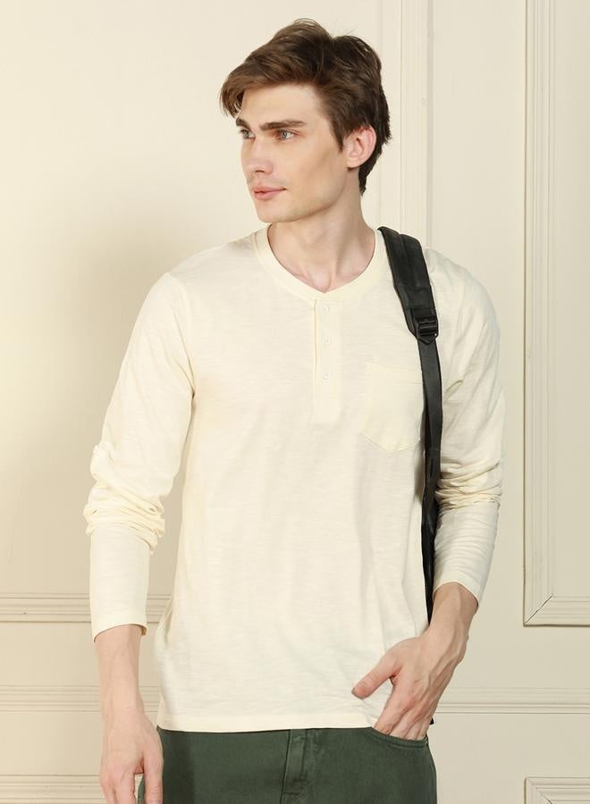 Dennis Lingo Regular Fit Offwhite Cotton Henley Neck T-Shirt  - Image 1