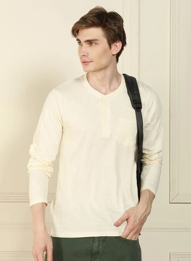 Regular Fit Offwhite Cotton Henley Neck T-Shirt