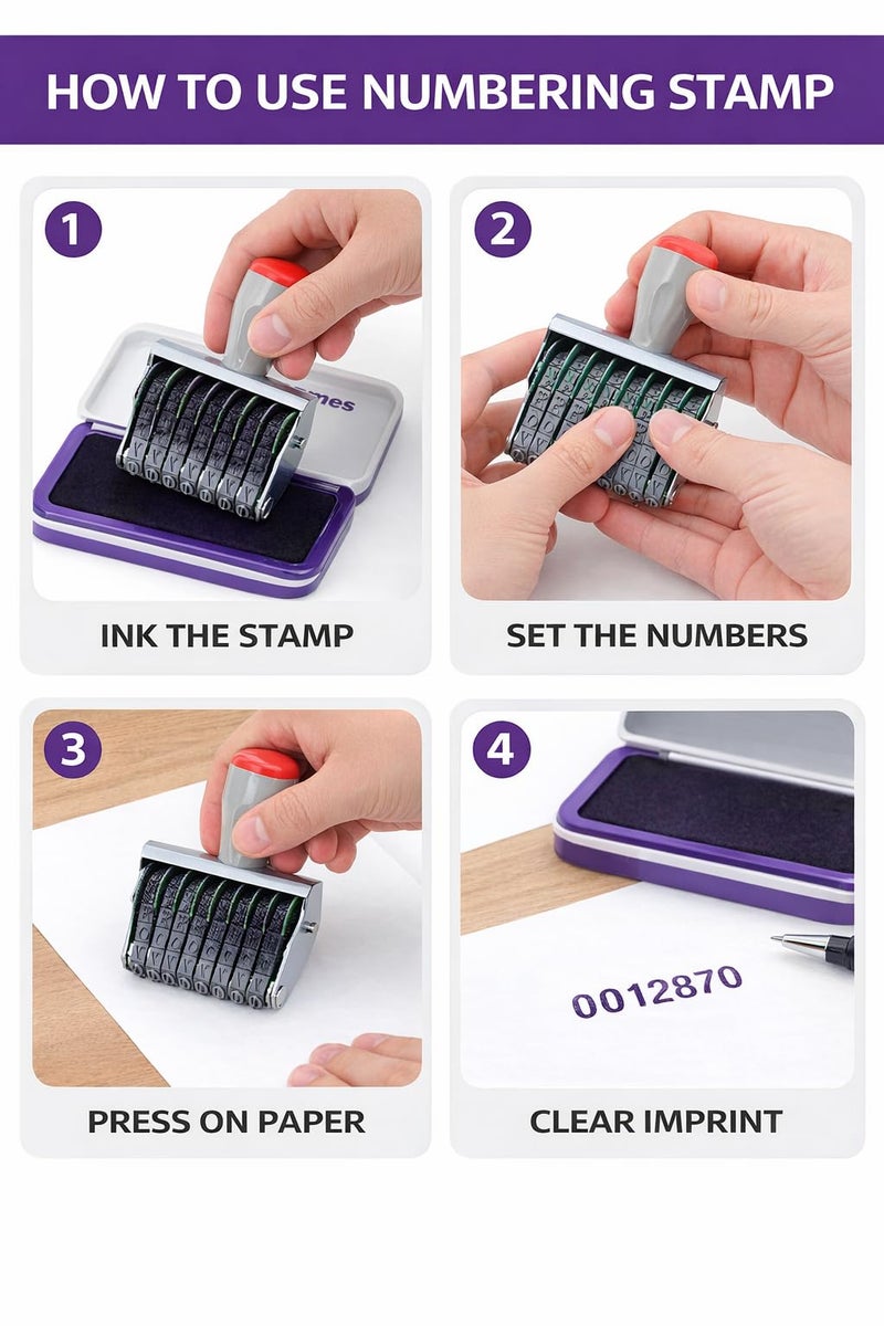 Dinojames Manual Number Stamp 12 Digit Rolling Bands with Symbols (₹, Kg, Gm, No, /, P) with Violet Stamp Pad | Price Marking & Labeling Stamp for Shop, Office & Packaging - Image 4