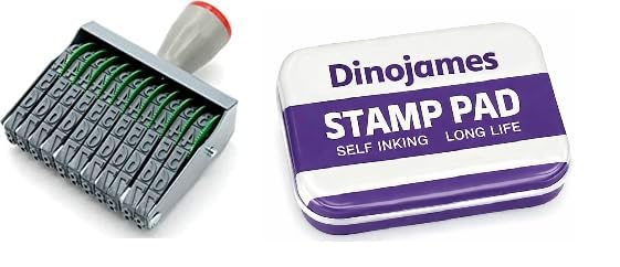 Dinojames Manual Number Stamp 12 Digit Rolling Bands with Symbols (₹, Kg, Gm, No, /, P) with Violet Stamp Pad | Price Marking & Labeling Stamp for Shop, Office & Packaging - Image 1