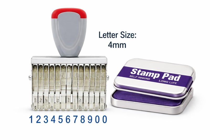 Dinojames Manual Number Stamp 12 Digit Rolling Bands with Symbols (₹, Kg, Gm, No, /, P) with Violet Stamp Pad | Price Marking & Labeling Stamp for Shop, Office & Packaging - Image 5